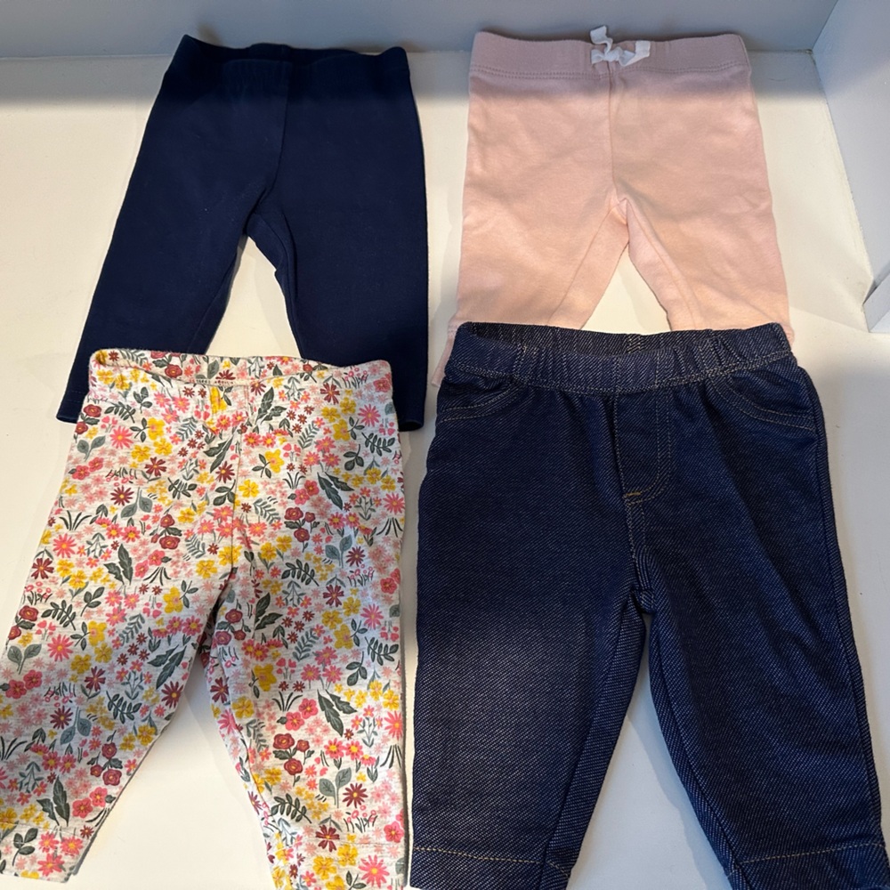 Carter’s 4pc Bundle of 3M Baby Girl Leggings - Floral, Denim, Light Pink, & Navy
